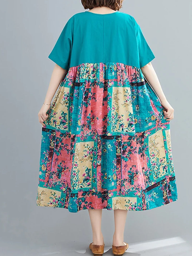 Round Neck Short Sleeve Floral Patchwork Print Smock Midi Dress 7