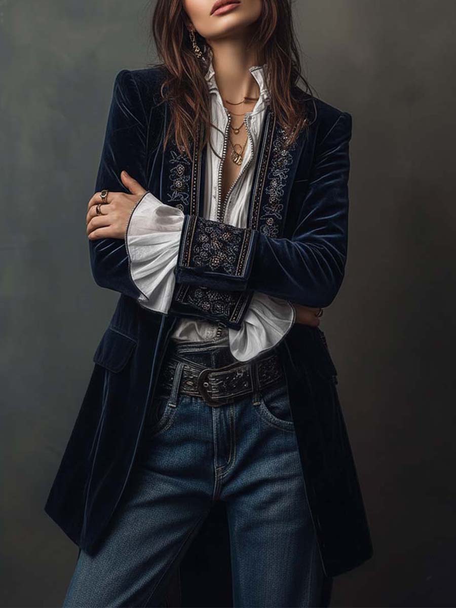 Stand Collar Embroidered Beaded Velvet Longline Blazer 2