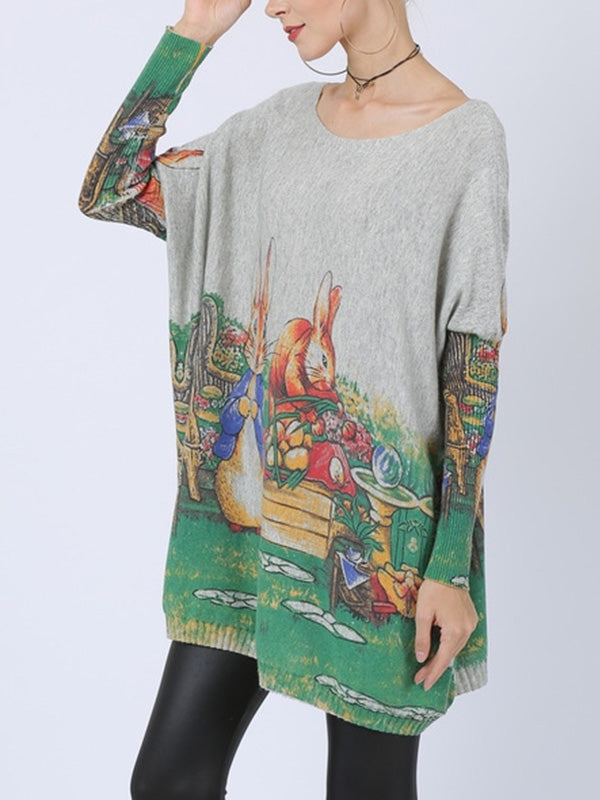 Boat Neck Rabbit Print Batwing Sleeve Loose Knit Sweater