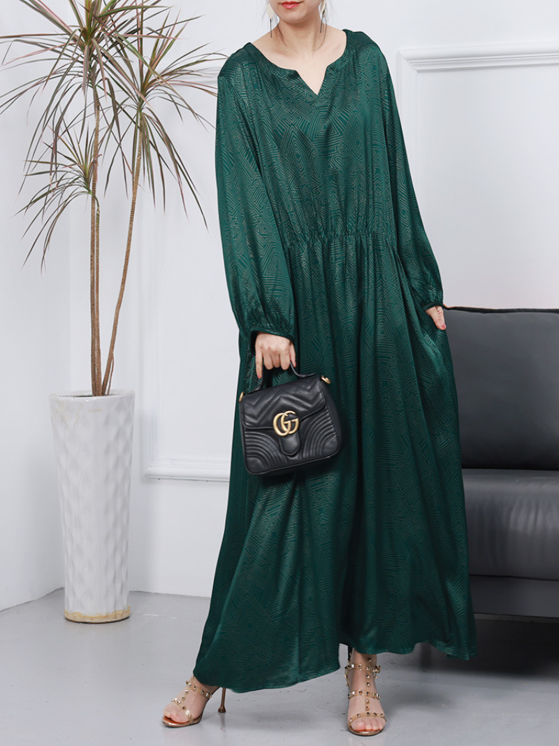 Split Neck Long Sleeve Jacquard Satin A-Line Maxi Dress