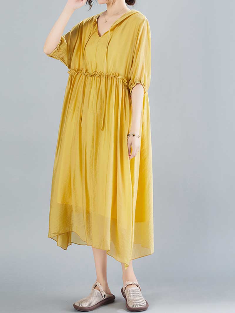 Hooded V-Neck Short Sleeve Pleated Loose A-Line Midi Dress 8
