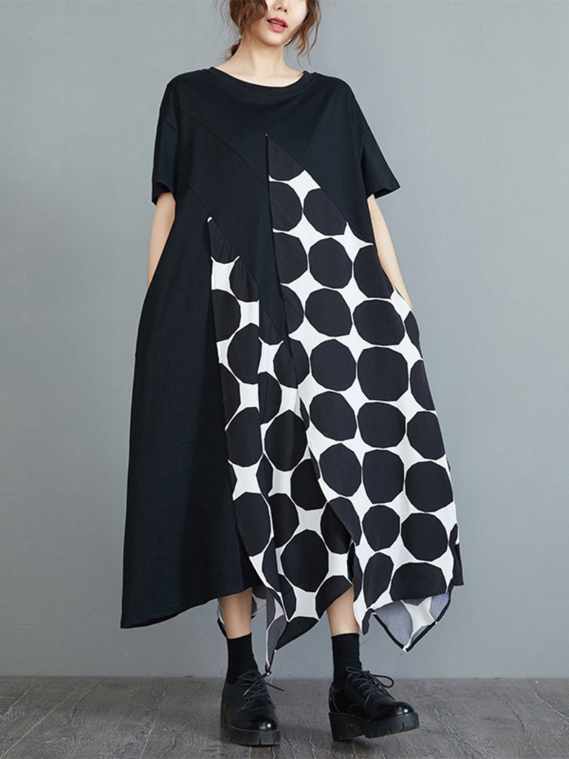 Black Round Neck Polka Dot Patchwork Short Sleeve Loose Maxi Dress 4