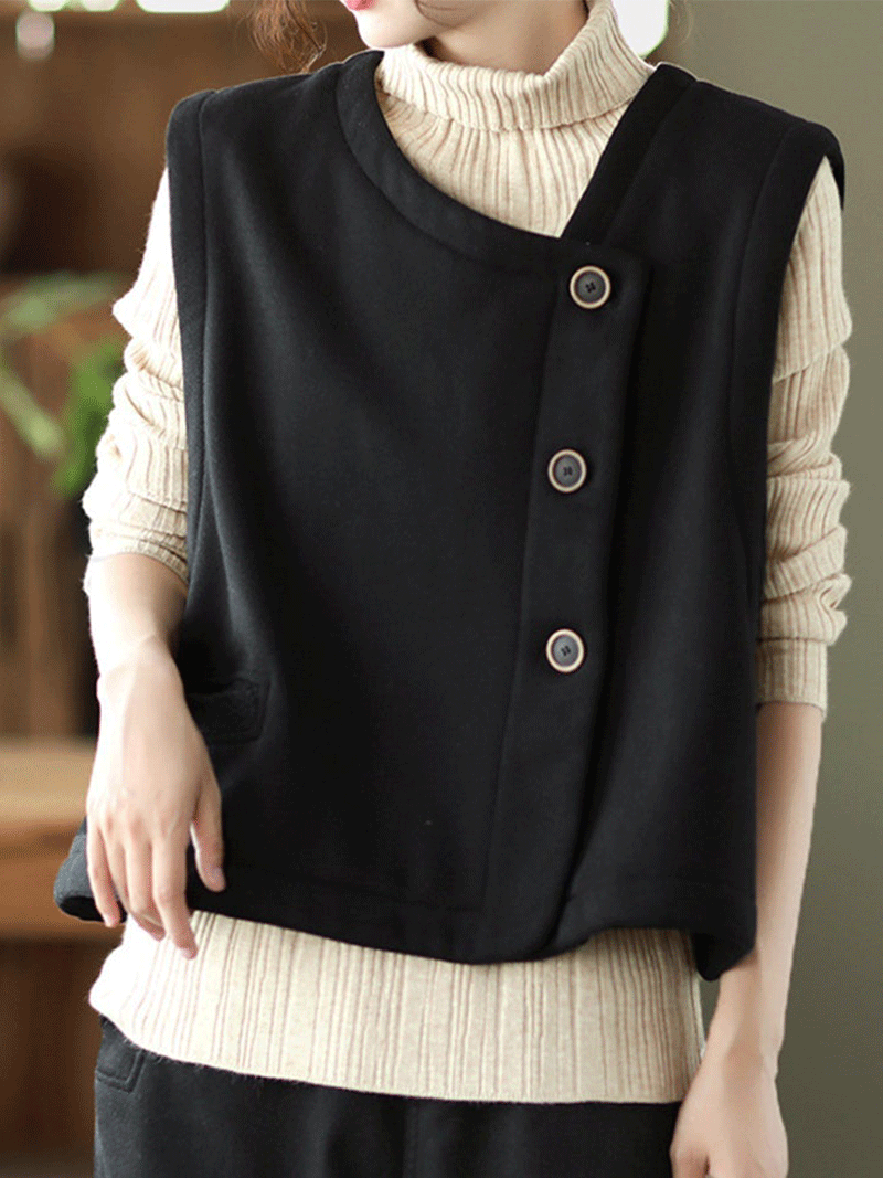 Round Neck Asymmetric Button Sleeveless Pocket Vest 8