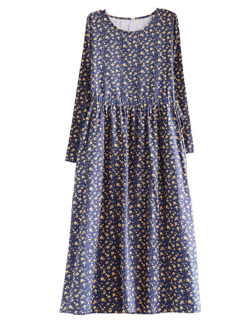 Round Neck Ditsy Floral Lace Cuff Long Sleeve A-Line Maxi Dress 5