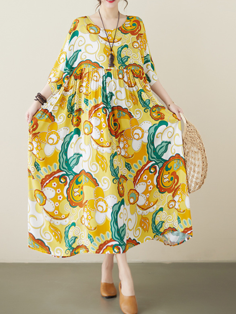 Yellow Round Neck Abstract Floral Half Sleeve Smock Maxi Dress 4
