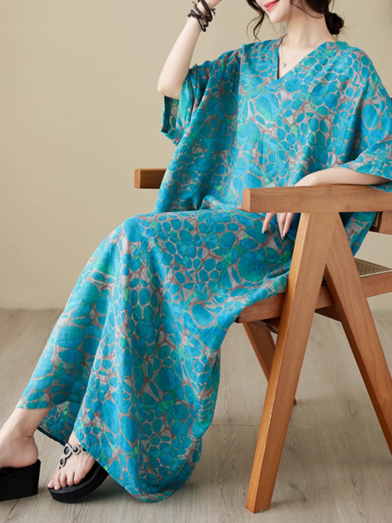 V-Neck Pebble Print Batwing Sleeve Loose Kaftan Maxi Dress