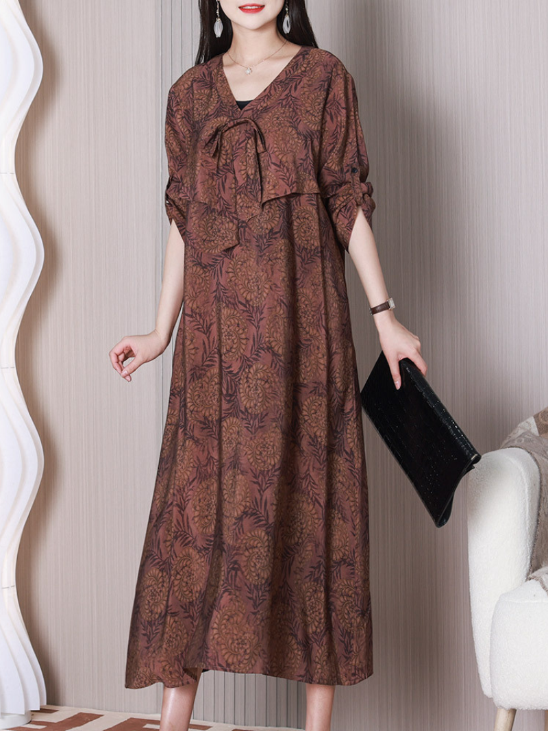 Coffee V-Neck Floral Bow Tie Long Sleeve Loose A-Line Maxi Dress
