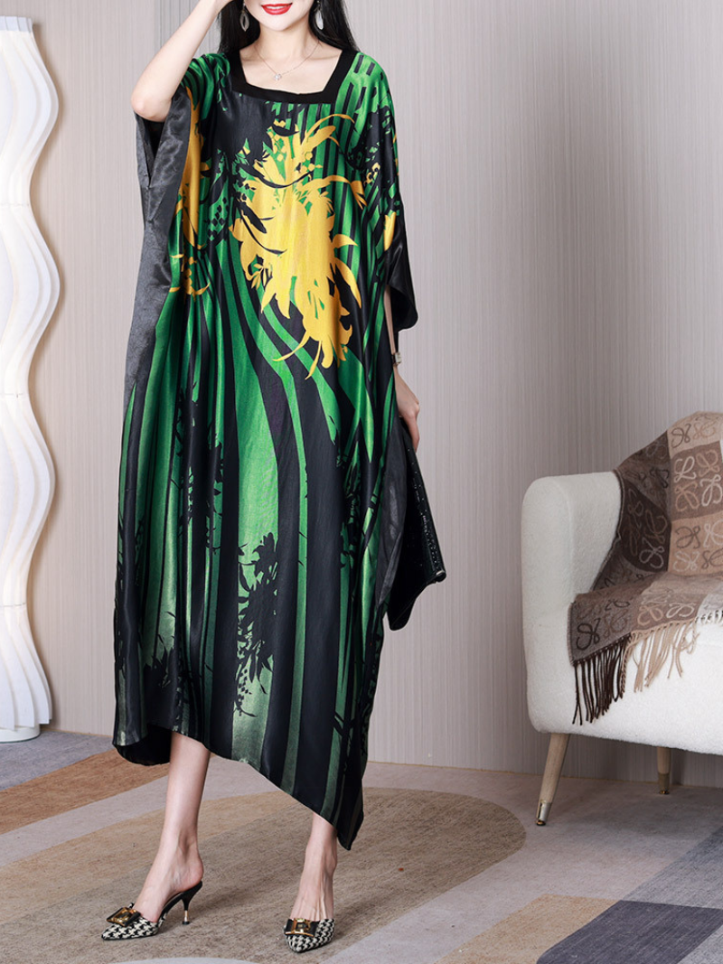 Square Neck Batwing Sleeve Abstract Floral Satin Kaftan Maxi Dress