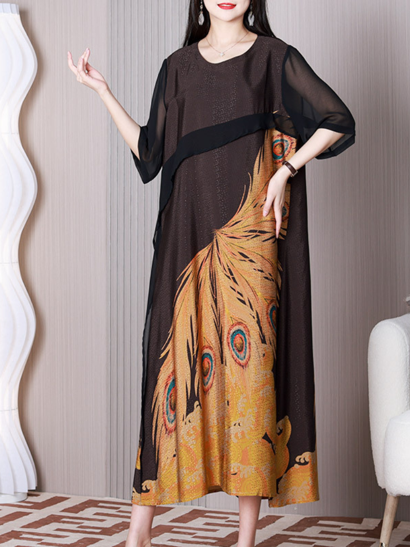 Round Neck Half Sleeve Peacock Print Chiffon Midi Dress