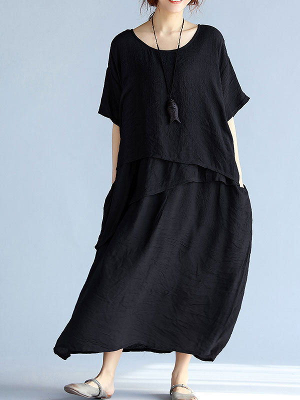 Round Neck Layered Short Sleeve Loose A-Line Linen Maxi Dress 12