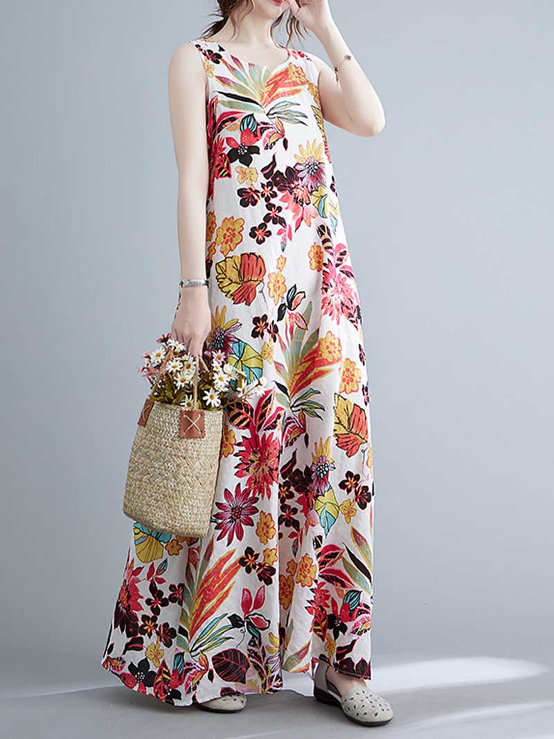 Round Neck Sleeveless Tropical Floral Print Loose A-Line Maxi Dress