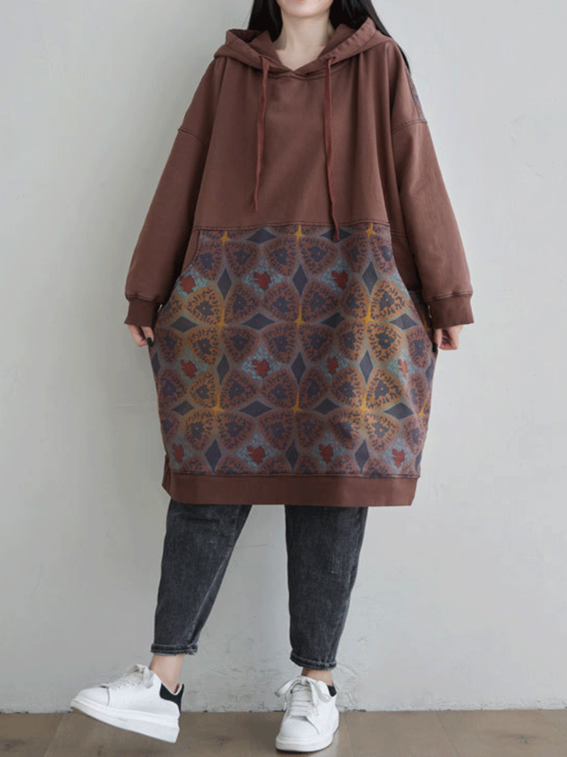 Hooded Drawstring Printed Pocket Sweatshirt Midi Dress 3