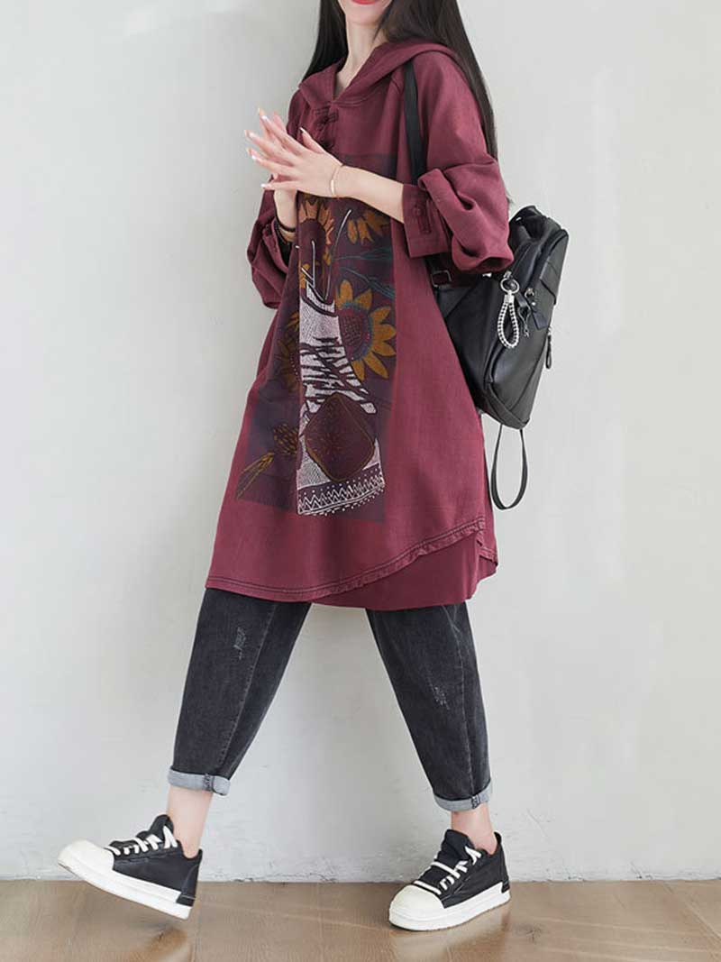 Hooded Floral Graphic Print Longline Sweatshirt Hoodie
