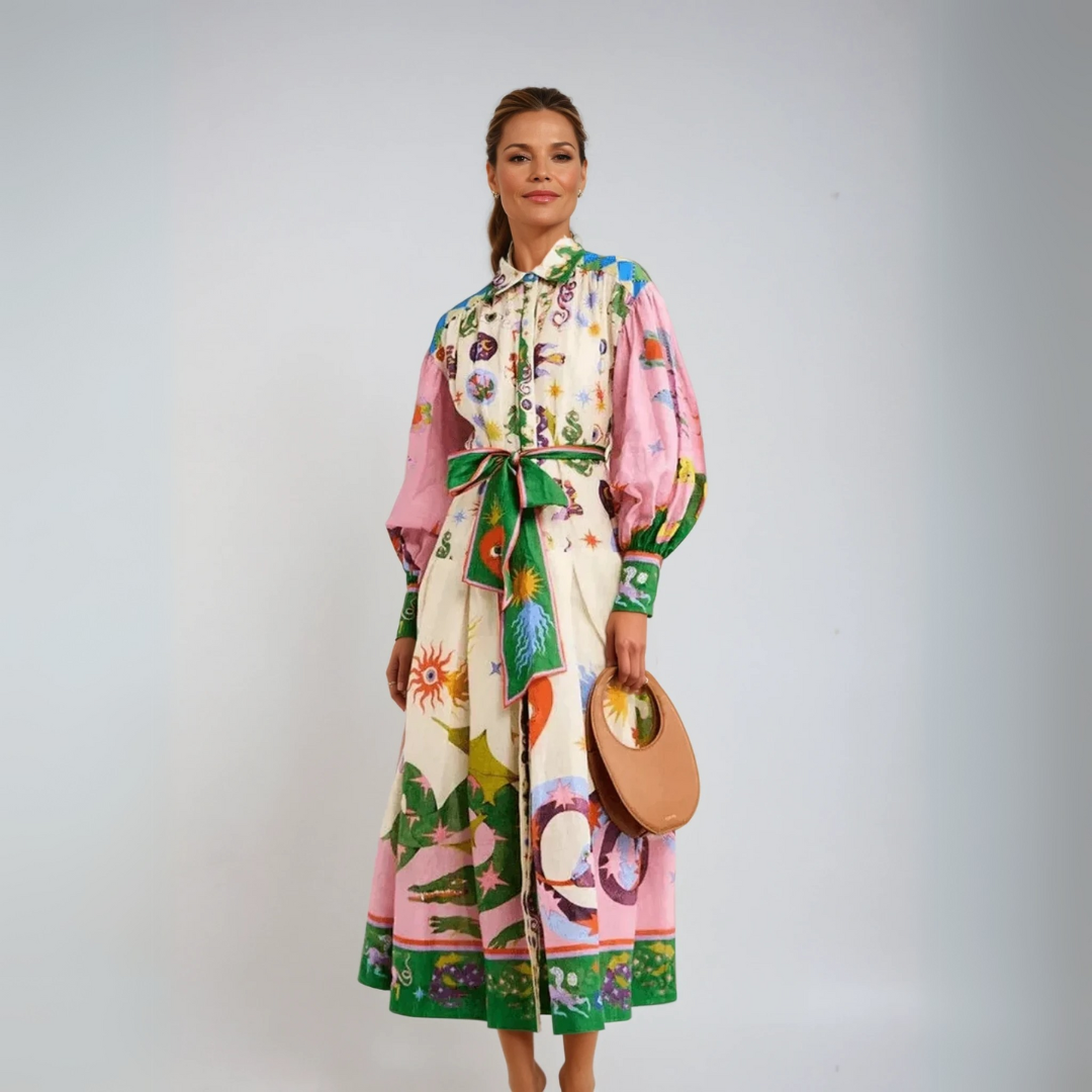 Collared Button Front Novelty Print Balloon Sleeve Belted Maxi Dress 3