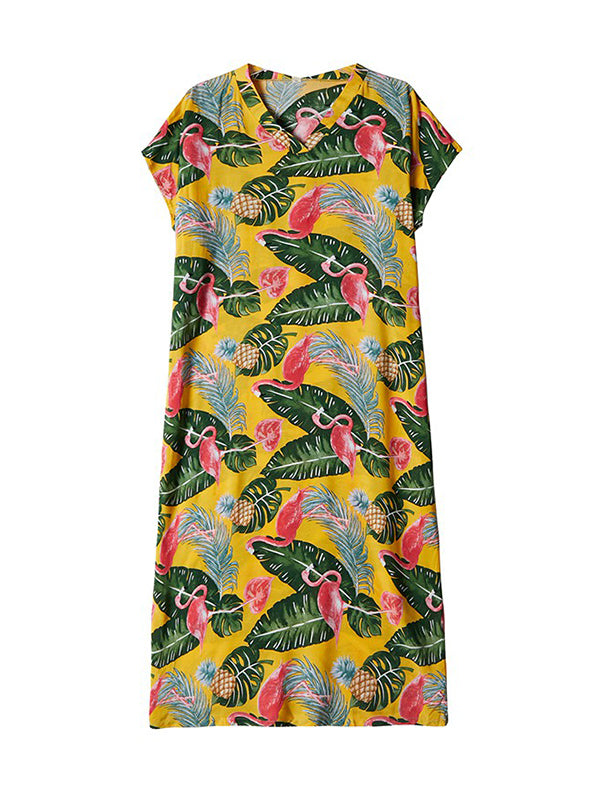 V-Neck Tropical Flamingo Print Short Sleeve Loose Kaftan Maxi Dress 10
