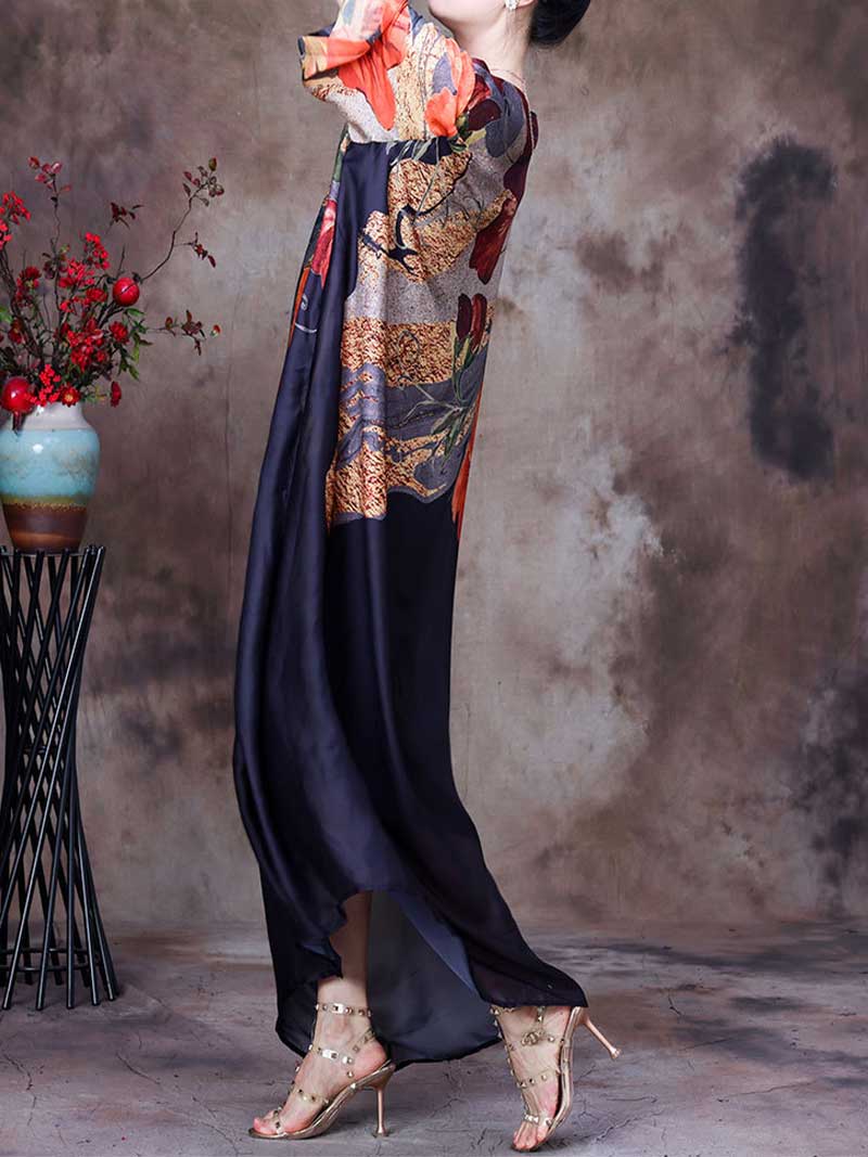 Round Neck Batwing Sleeve Floral Colorblock Loose Maxi Dress 8