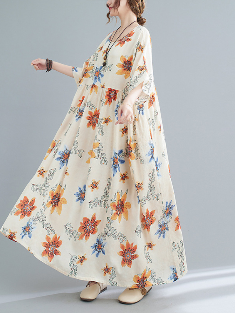 Multicolor Round Neck Floral Print Short Sleeve Loose Smock Maxi Dress 3