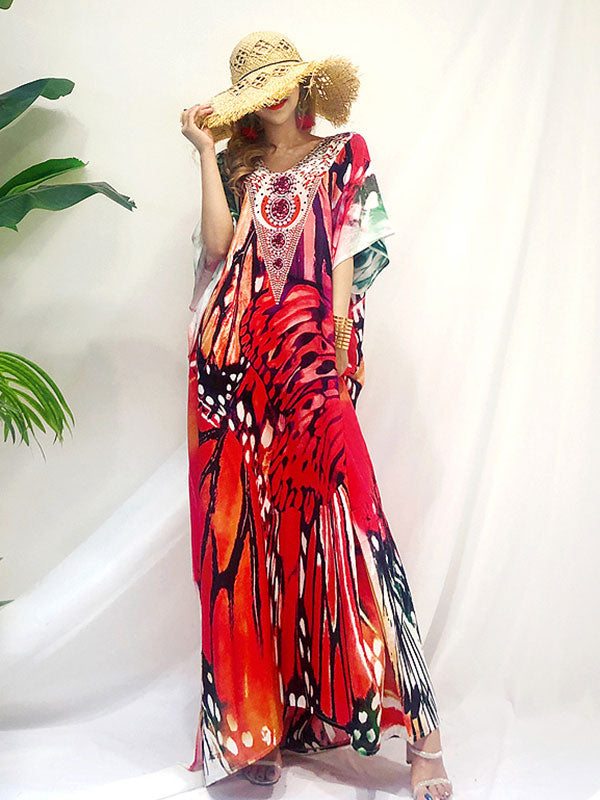 Red V-Neck Embellished Butterfly Print Batwing Sleeve Loose Kaftan Maxi Dress