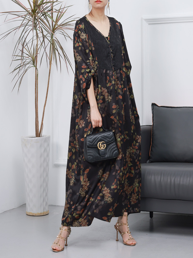 V-Neck Long Sleeve Floral Print Pleated Yoke Kaftan Maxi Dress