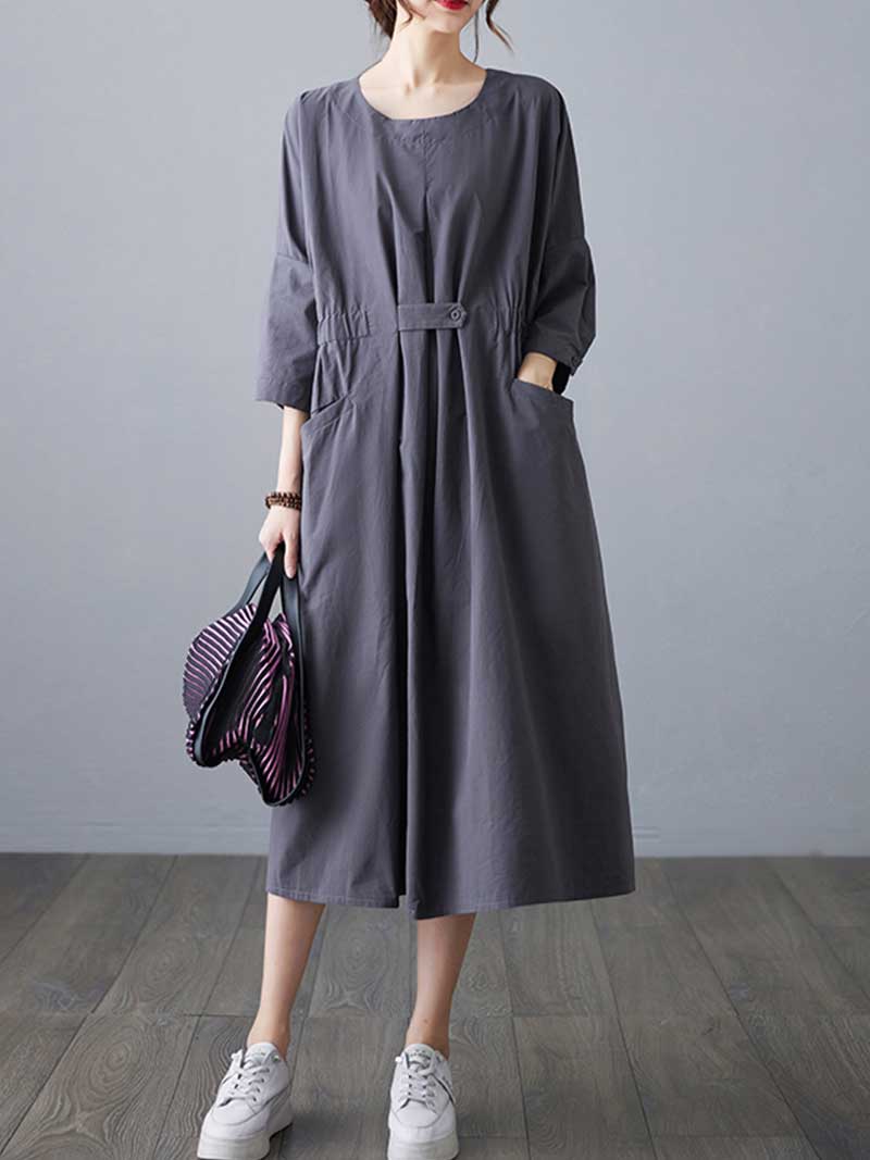 Round Neck Half Sleeve Cinched Waist Pocket Cotton Midi Dress