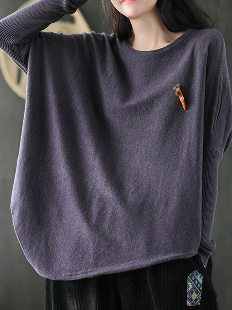Round Neck Batwing Sleeve Carrot Embroidered Loose Knit Sweater 8