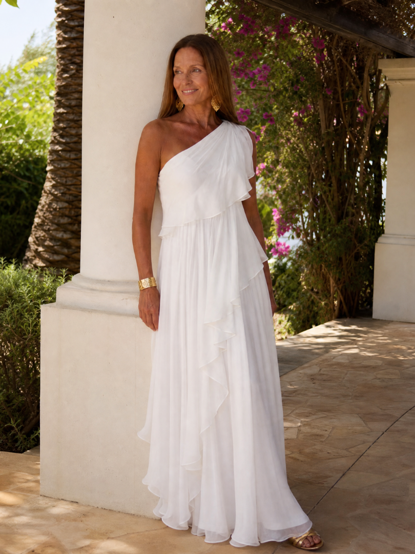 One-Shoulder Chiffon Cascade Ruffle Flowy Maxi Gown 9