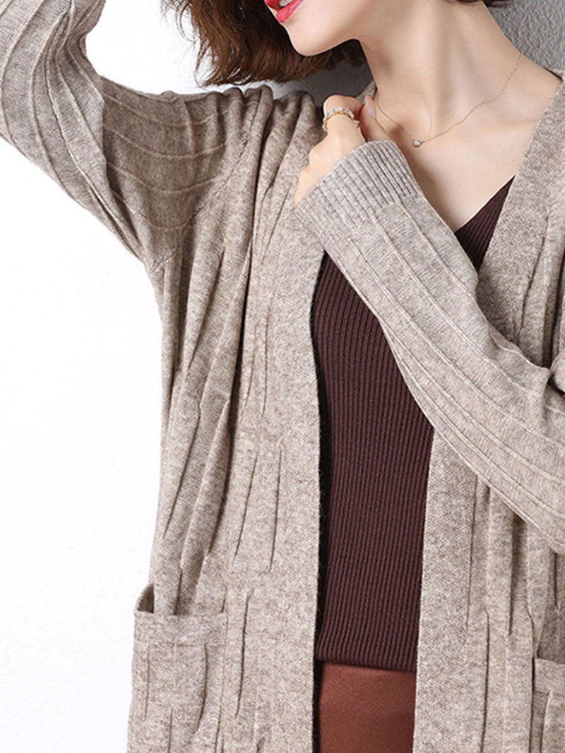 Open Front Ribbed Knit Patch Pocket Long Sleeve Cardigan 13