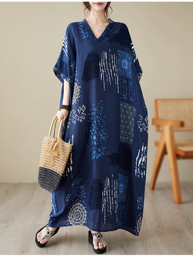 Blue V-Neck Batwing Sleeve Abstract Ethnic Print Loose Kaftan Maxi Dress