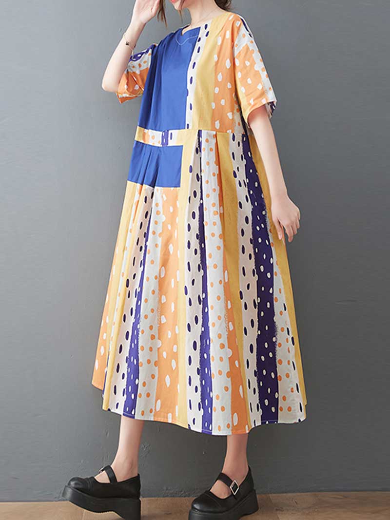 Round Neck Polka Dot Patchwork Short Sleeve Pleated A-Line Midi Dress 8