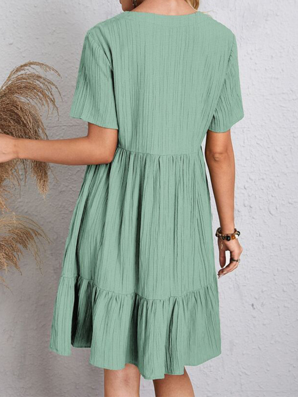 V-Neck Textured Short Sleeve Tiered Ruffle Hem Swing Mini Dress