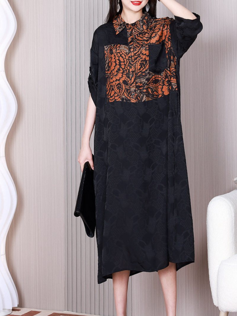 Black Collared Button Front Floral Jacquard Spliced A-Line Midi Dress 3