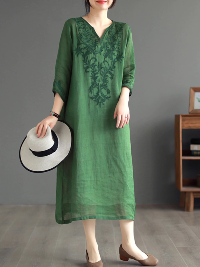 V-Neck Floral Embroidered Long Sleeve Loose Linen Midi Dress 2