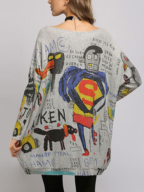 Boat Neck Long Sleeve Graffiti Print Oversized Knit Sweater 6