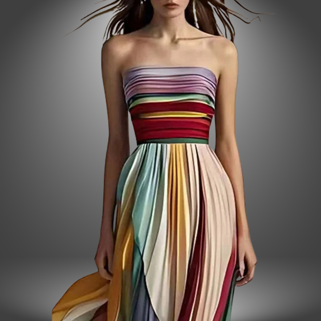 Strapless Striped Print Pleated Flowy A-Line Maxi Dress