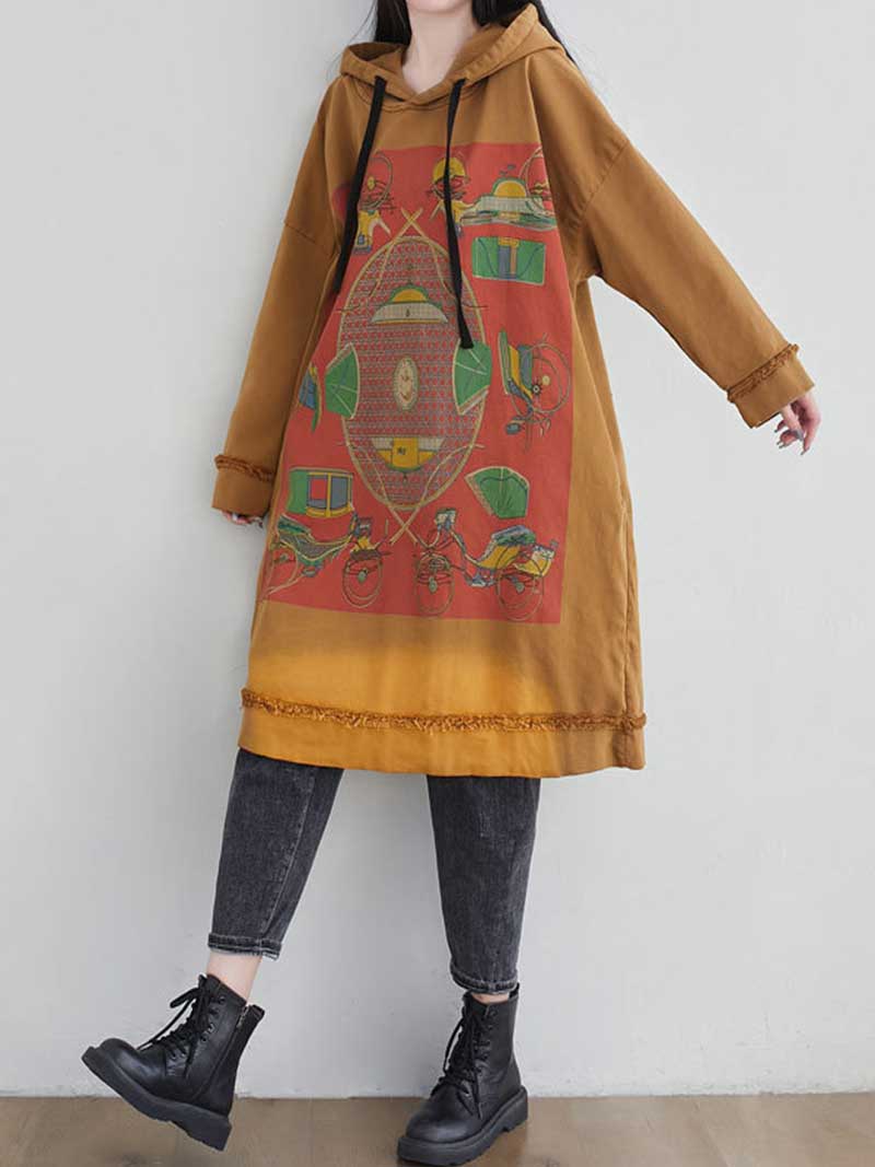 Hooded Graphic Print Frayed Hem Oversized Sweatshirt Midi Dress