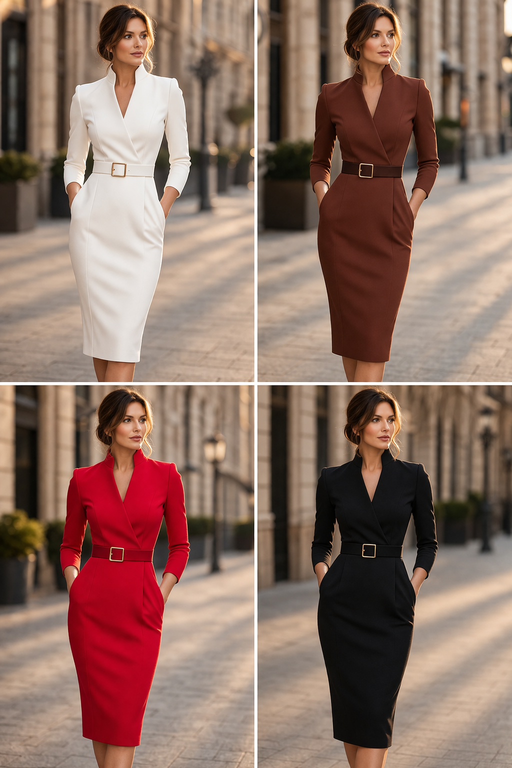 Stand Collar V-Neck Belted Long Sleeve Pencil Midi Dress 11