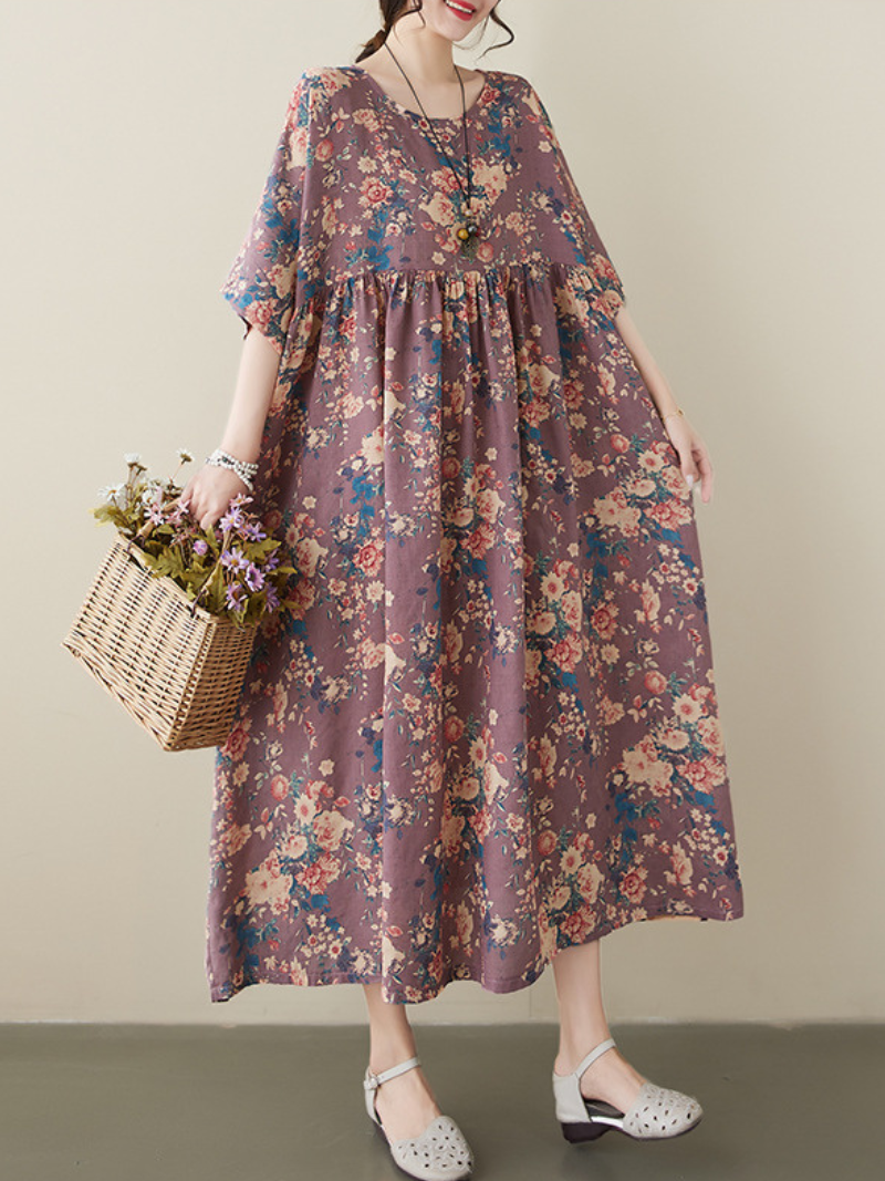 Coffee Round Neck Short Sleeve Vintage Floral Empire Waist Smock Maxi Dress