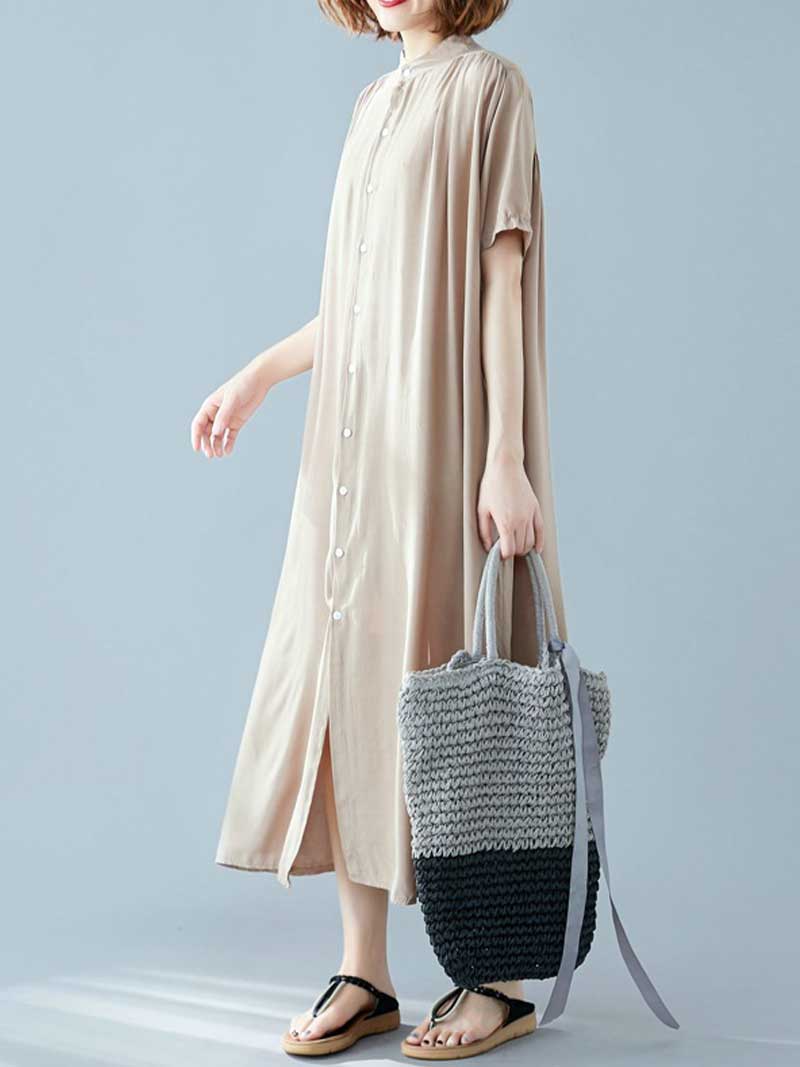 Button Front Short Sleeve Loose Cotton Shirt Maxi Dress 16