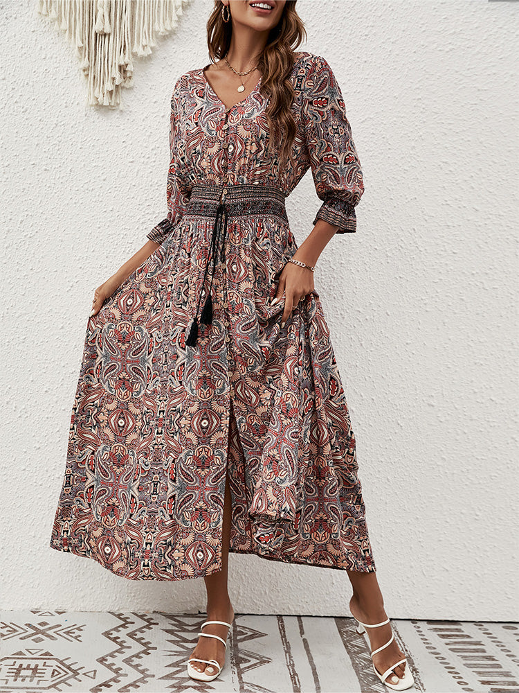 Fresh Print Maxi Dress-Red