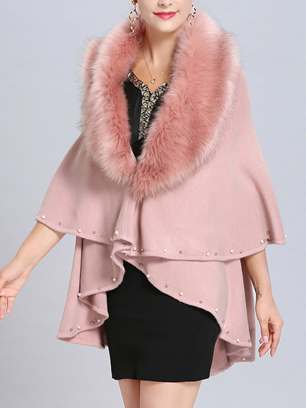 Fur Collar Pearl Trim Draped Knit Cape Cardigan 10