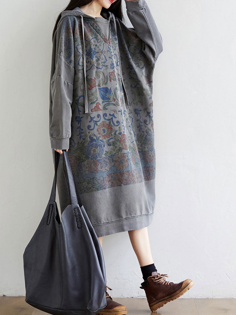 Hooded Floral Print Long Sleeve Loose Midi Dress 5