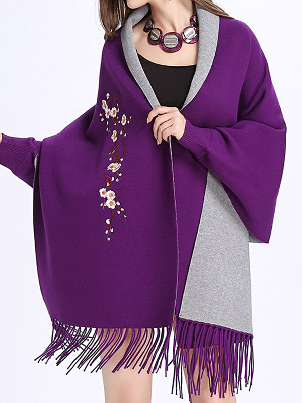 Floral Embroidered Contrast Border Fringe Shawl Cardigan