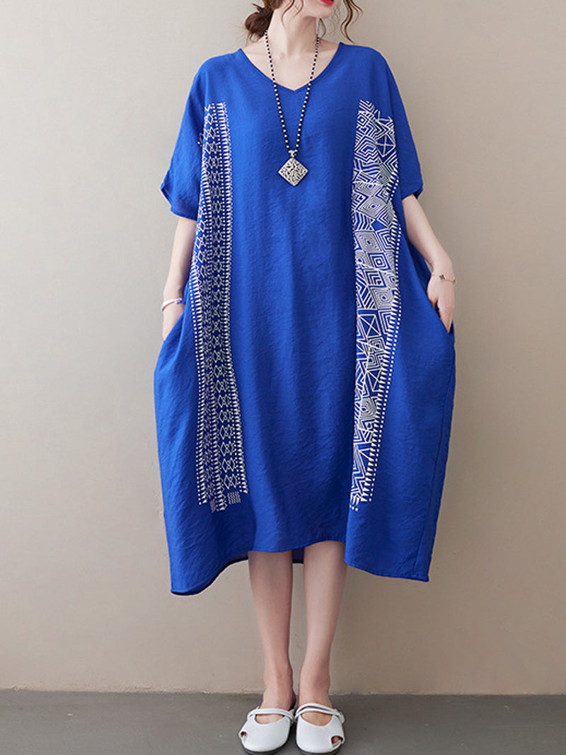 V-Neck Batwing Sleeve Geometric Print Loose Oversized Midi Dress 3