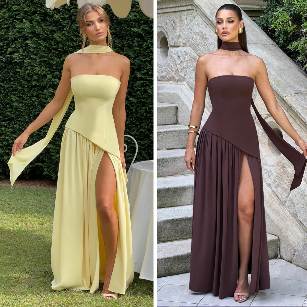 Strapless Neck Scarf Asymmetric High Slit Flowy Maxi Gown 22