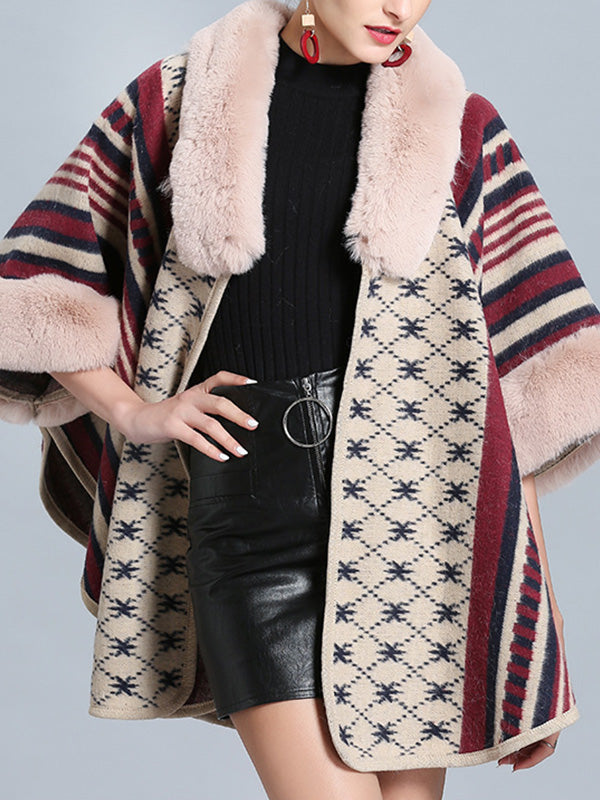 Faux Fur Collar Striped Aztec Print Cape Cardigan 10