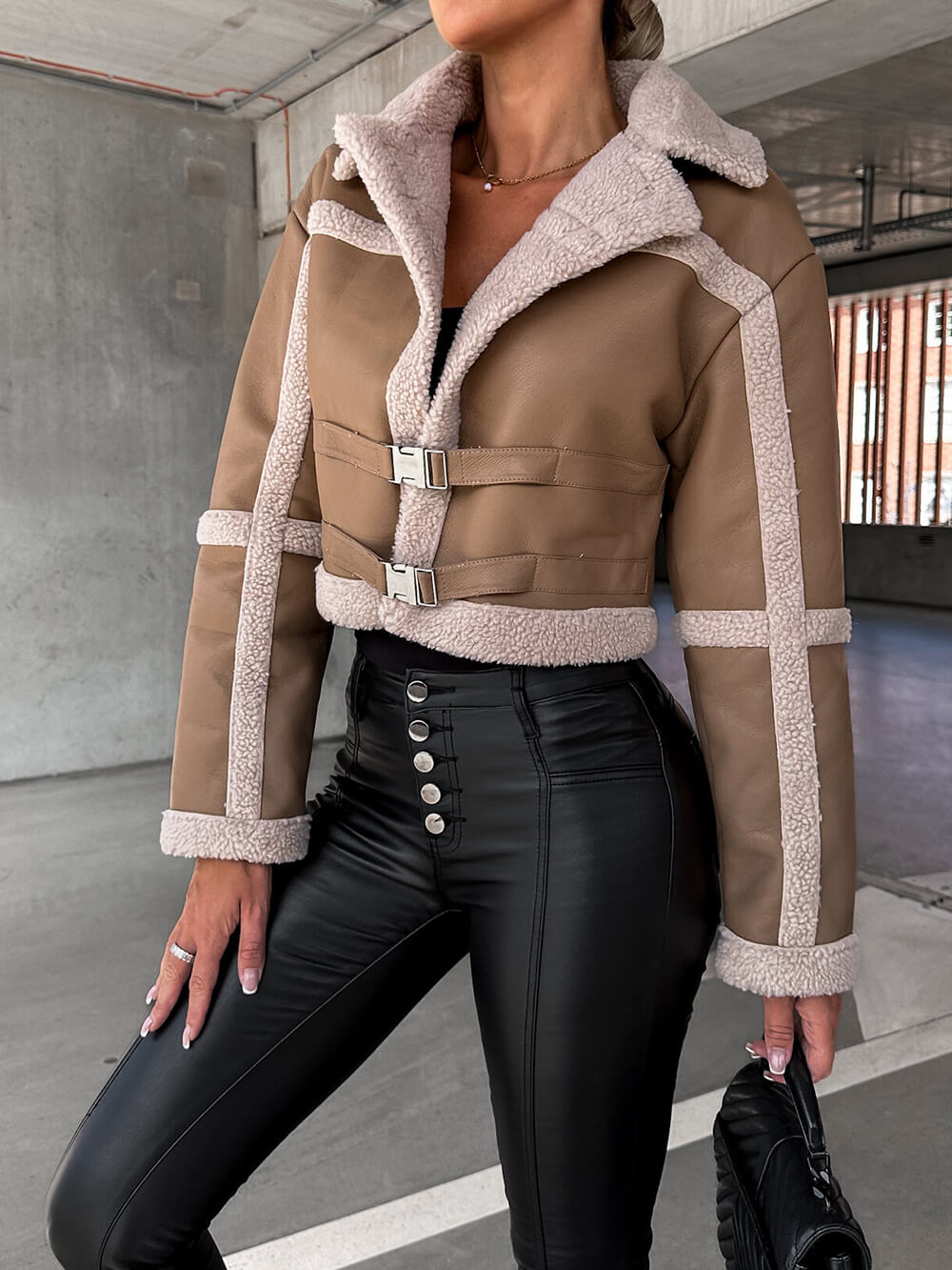 Lapel Collar Faux Shearling Buckle Cropped Moto Jacket 3