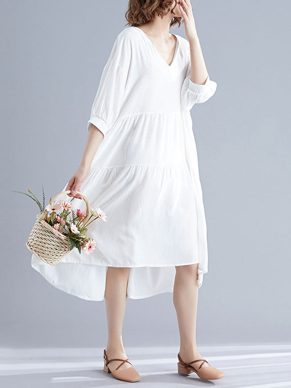 V-Neck Three-Quarter Sleeve Tiered Loose A-Line Midi Dress 11