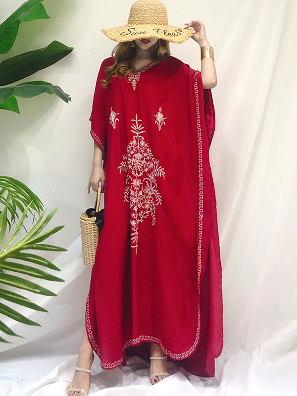 Red V-Neck Floral Embroidered Loose Bohemian Kaftan Maxi Dress