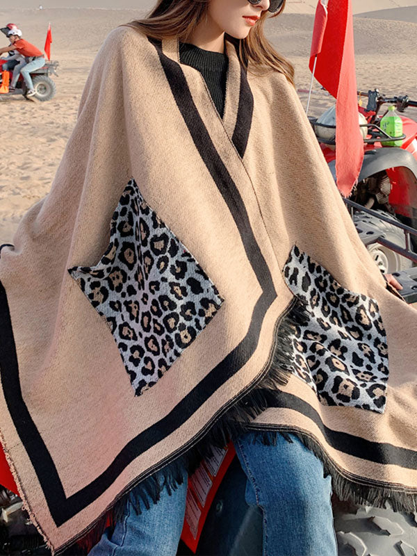 Leopard Pocket Fringe Trim Open Front Shawl Cape 5