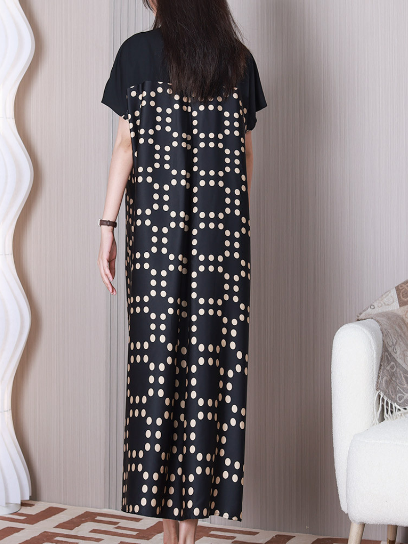 Black V-Neck Tie Front Short Sleeve Polka Dot Loose Maxi Dress 4